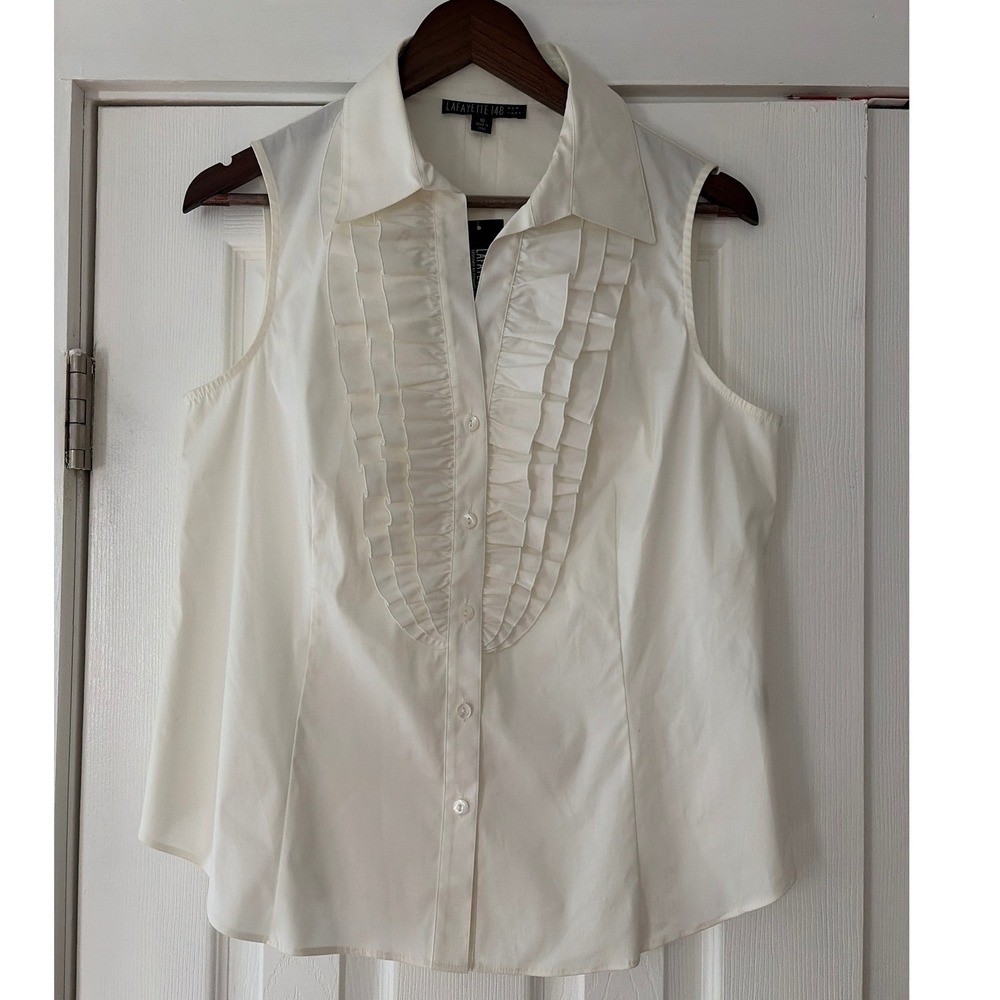 Lafayette 148 New‎ York White Ruffle Front Sleeveless Blouse Size 10